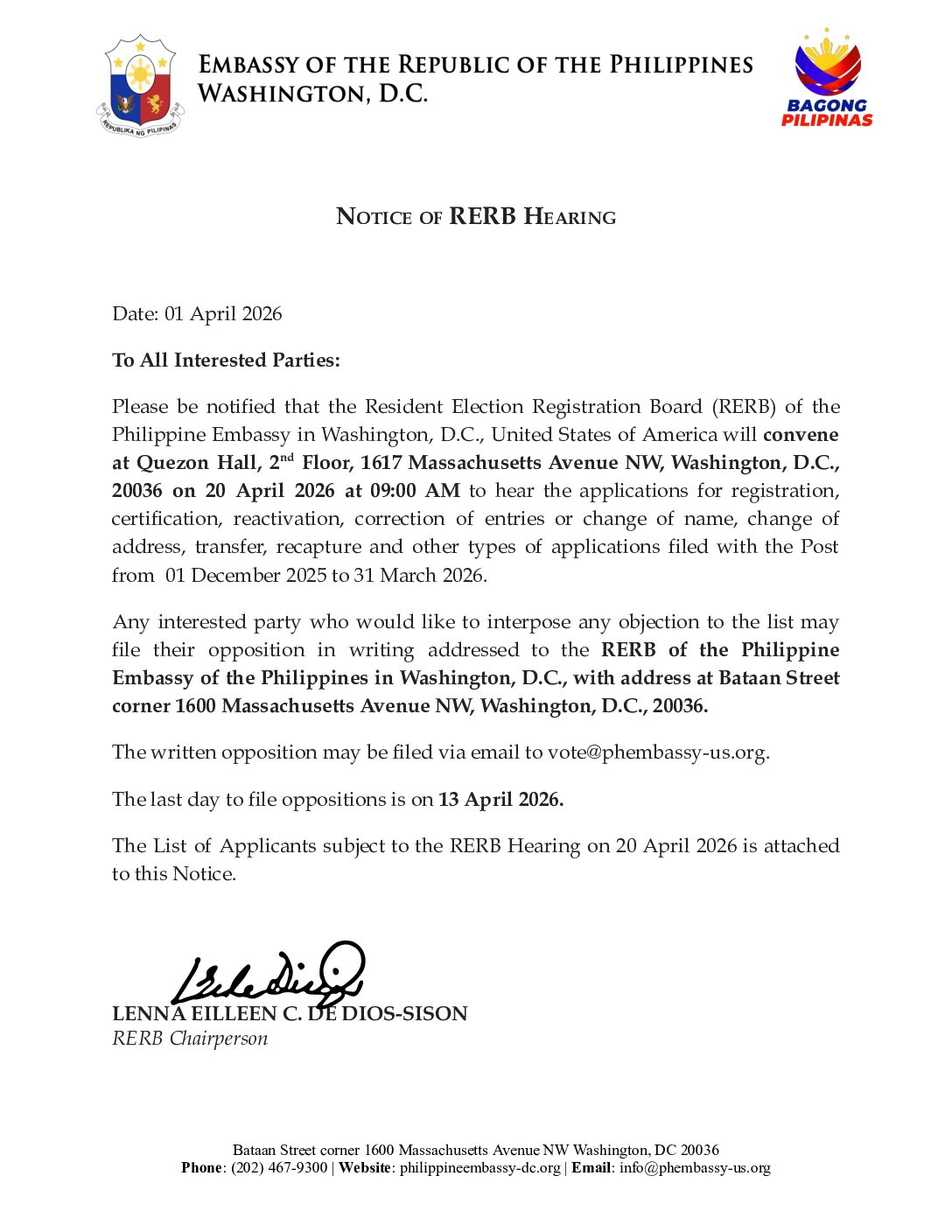 NOTICE OF RERB HEARING &ndash; 20 APRIL 2026
