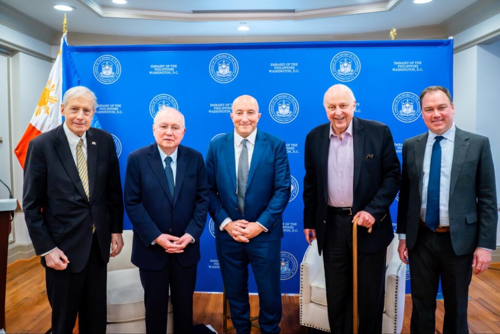 (Left to right) US-Philippines Society (USPHS) Executive Director Hendrickson, Ambassador Romualdez, Mr. Chittick, USPHS Co-Chairman Ambassador Negroponte, and USPHS Senior Advisor Brian Harding pose for a photo after the event.
