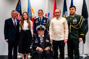 (Clockwise) FilVetRep Chairman Antonio Taguba (US Army Major General, ret.), Ms. Rain Lim, BGen. Moises Villaceran (PH Police), Deputy Chief of Mission Felipe Cariño III, BGen. Roy Derilo (PH Army), and WWII veteran Ray Cabacar (US Navy Senior Petty Officer, ret.).