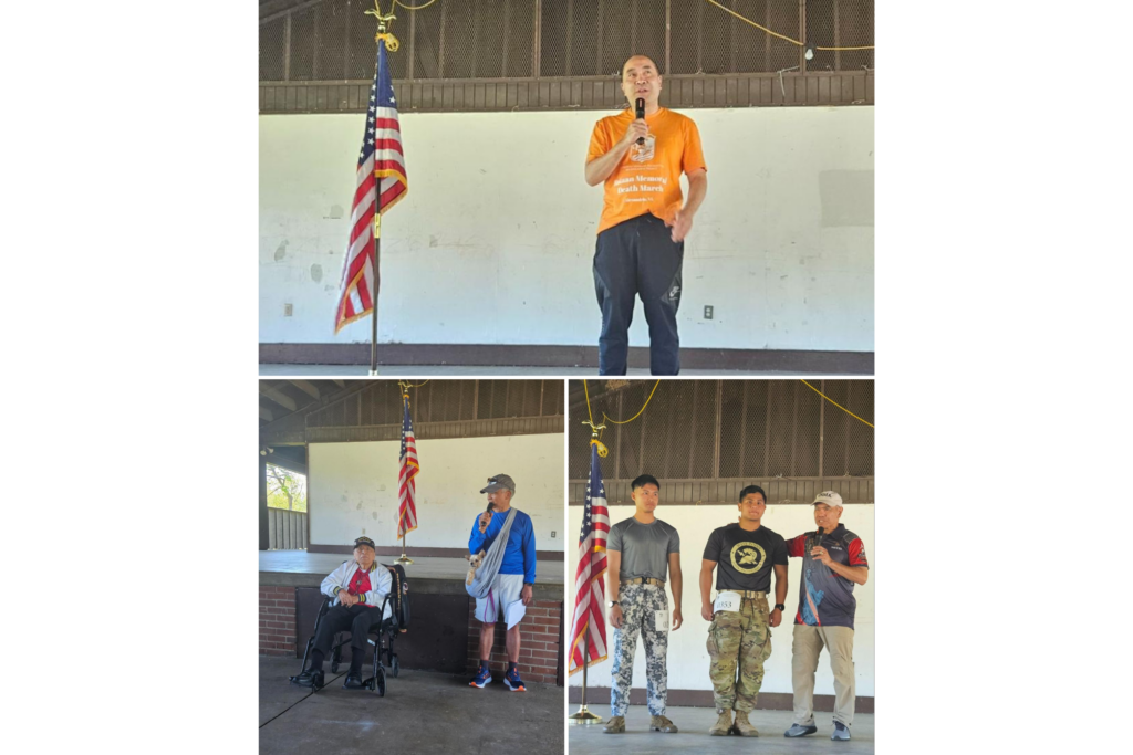 (Top) DCM Cari&ntilde;o delivers encouraging words before the start of the memorial run. (Bottom left) WWII Veteran Senior Petty Officer Ray Cabacar (US Navy, ret.) recognized by FilVetRep Chairman MGen. Antonio Taguba (US Army, ret.). (Bottom right)(L-R) Filipino West Point Cadets Daniel Francis Sales (PH Coast Guard) and Renzo Almodovar (PH Army) recognized by FilVetRep Director and fellow West Point Alum Sonny Busa.