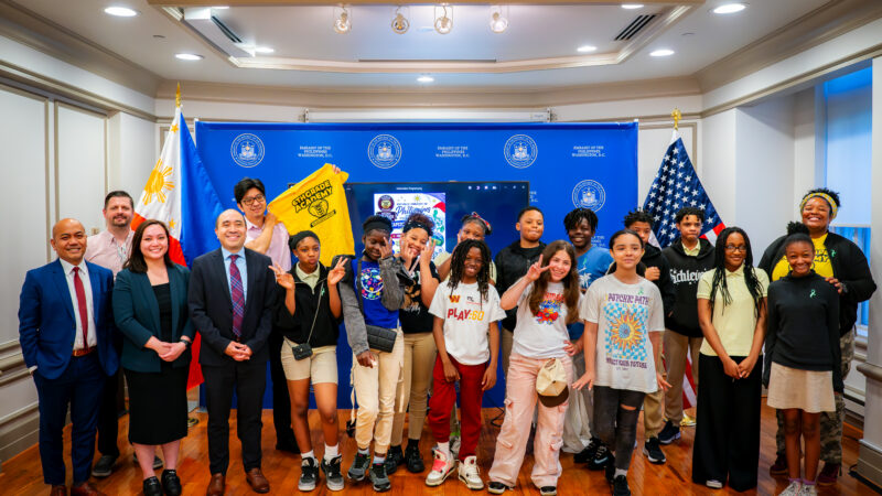 Deputy Chief of Mission Felipe F. Cari&ntilde;o III (front, 3rd from left) welcomed Sousa Middle School students during the Embassy Adoption Program (EAP) capstone and partners from the D.C. Public Schools and Washington Performing Arts.