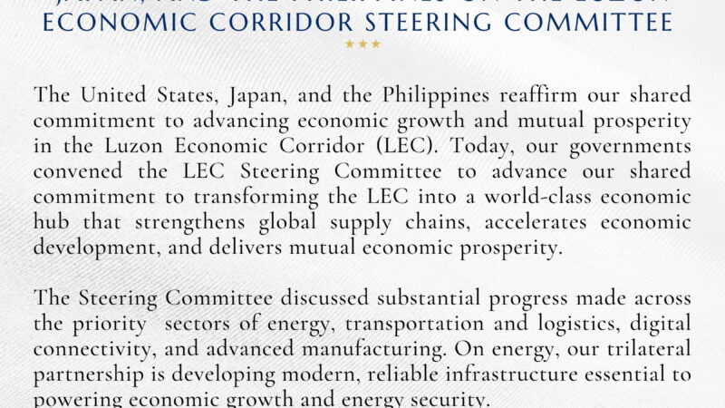 JOINT STATEMENT FROM THE UNITED STATES, JAPAN, AND THE&nbsp;PHILIPPINES ON THE LUZON ECONOMIC CORRIDOR STEERING COMMITTEE