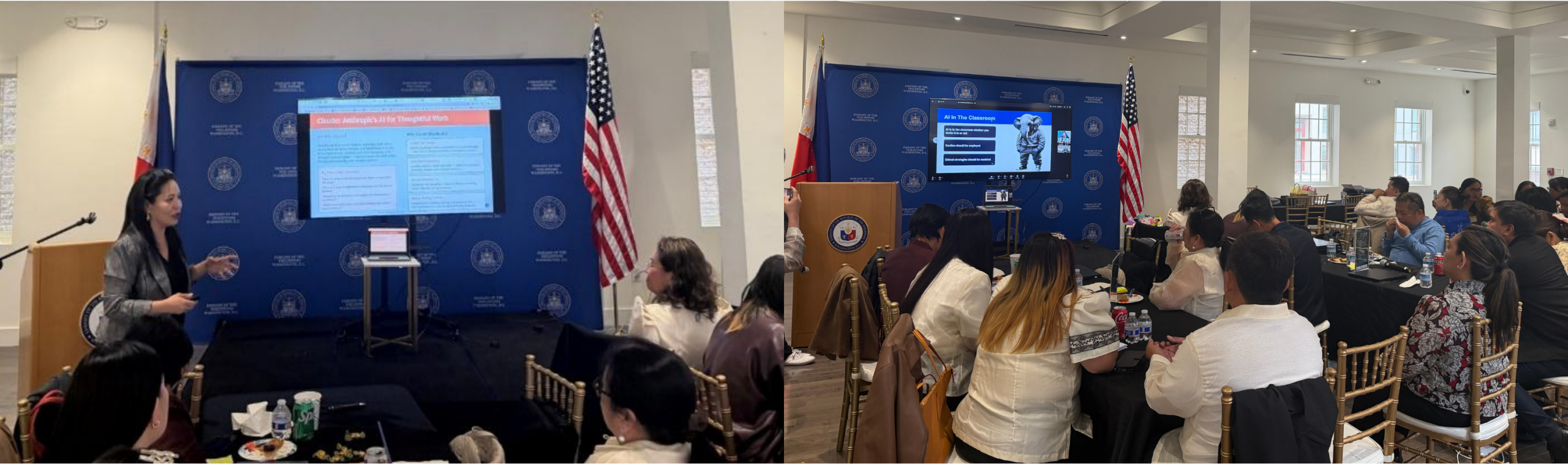 Dr. Ingrid Jomento-Cruz (left) recapped key learnings, guided reflection, and showcased AI tools, while Dr. Sandra Rose (right) delivered the keynote &ldquo;Redefining Academic Integrity: Bridging the Digital Divide,&rdquo; emphasizing AI literacy and its role in bridging achievement gaps.