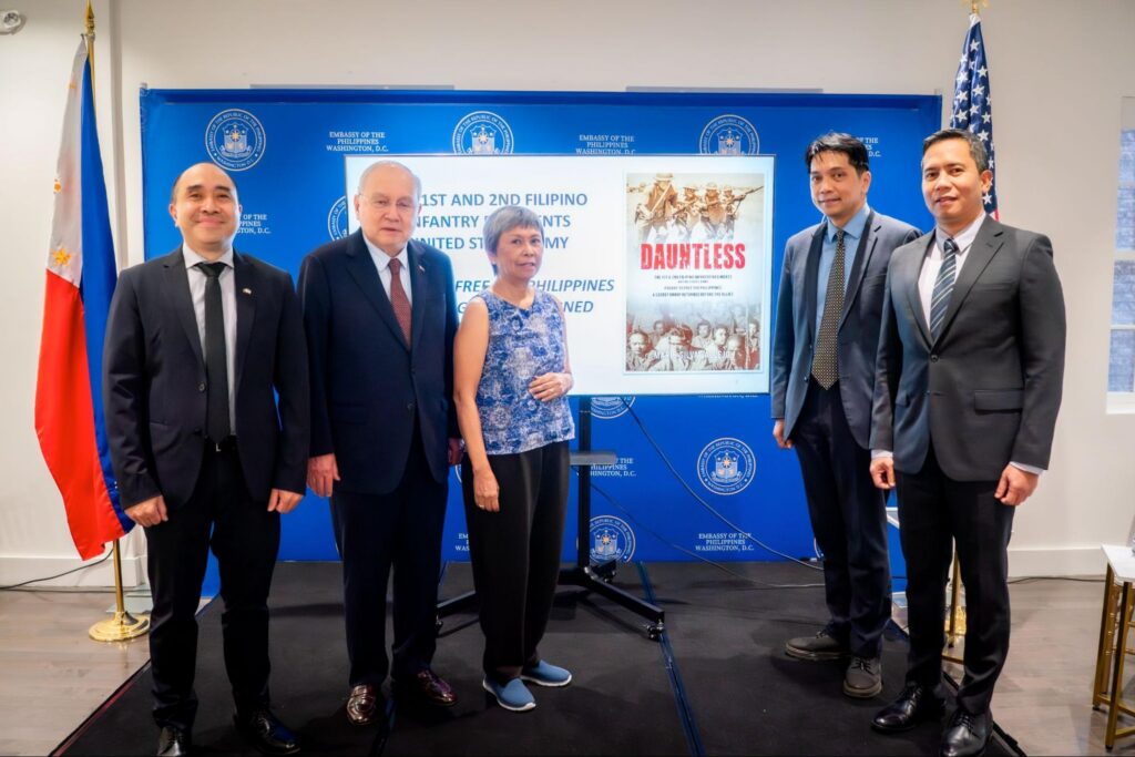 Ambassador Jose Manuel Romualdez (second from left), accompanied by DCM Felipe Cariño III (leftmost) and Col. Sarpamones (rightmost), welcomed author Marie Vallejo (center) and moderator Erwin Tiongson (second from right).