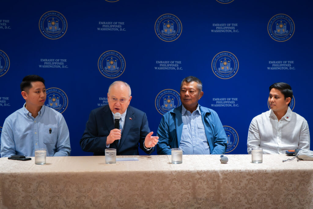 Ambassador Jose Manuel G. Romualdez (center left) introduces Philippine Ombudsman Jesus Crispin C. Remulla (center right), who delivered opening remarks that emphasized the importance of transparency, accountability, and citizen participation in strengthening democratic institutions. The event convened representatives from Filipino American organizations, professional groups, and community associations for a special dialogue with the Ombudsman.