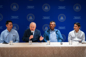 Ambassador Jose Manuel G. Romualdez (center left) introduces Philippine Ombudsman Jesus Crispin C. Remulla (center right), who delivered opening remarks that emphasized the importance of transparency, accountability, and citizen participation in strengthening democratic institutions. The event convened representatives from Filipino American organizations, professional groups, and community associations for a special dialogue with the Ombudsman.