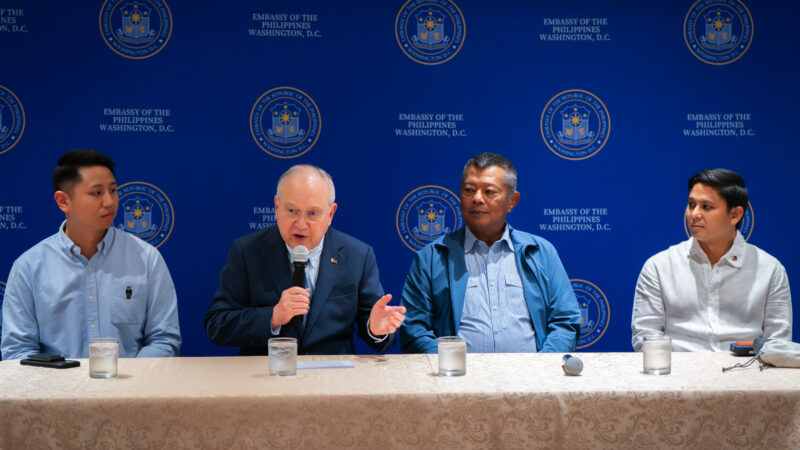 Ambassador Jose Manuel G. Romualdez (center left) introduces Philippine Ombudsman Jesus Crispin C. Remulla (center right), who delivered opening remarks that emphasized the importance of transparency, accountability, and citizen participation in strengthening democratic institutions. The event convened representatives from Filipino American organizations, professional groups, and community associations for a special dialogue with the Ombudsman.