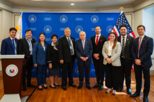 Philippine Ambassador to the U.S. Jose Manuel Romualdez (6th from left) hosted a cocktail reception for a Philippine delegation from the House of Representatives undertaking a study visit as part of the U.S. Department of State's Foundational Infrastructure for Responsible Use of Small Modular Reactor Technology (FIRST) program. The delegation was led by Rep. Marcos "Mark" O. Cojuangco, Chairperson of the House Special Committee on Nuclear Energy (5th from left), and included Rep. Joseph Kim C. Yu, Committee Vice Chair Rep. Leody F. Tarriela, Masbate City Mayor Olga "Ara" T. Kho, Rep. Elisa "Olga" T. Kho, and Rep. Munir N. Arbison, Jr. (1st-4th and 9th from left). They were accompanied at the Philippine Embassy by State Department officials working on the FIRST program.