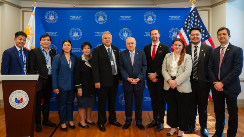 Philippine Ambassador to the U.S. Jose Manuel Romualdez (6th from left) hosted a cocktail reception for a Philippine delegation from the House of Representatives undertaking a study visit as part of the U.S. Department of State's Foundational Infrastructure for Responsible Use of Small Modular Reactor Technology (FIRST) program. The delegation was led by Rep. Marcos "Mark" O. Cojuangco, Chairperson of the House Special Committee on Nuclear Energy (5th from left), and included Rep. Joseph Kim C. Yu, Committee Vice Chair Rep. Leody F. Tarriela, Masbate City Mayor Olga "Ara" T. Kho, Rep. Elisa "Olga" T. Kho, and Rep. Munir N. Arbison, Jr. (1st-4th and 9th from left). They were accompanied at the Philippine Embassy by State Department officials working on the FIRST program.