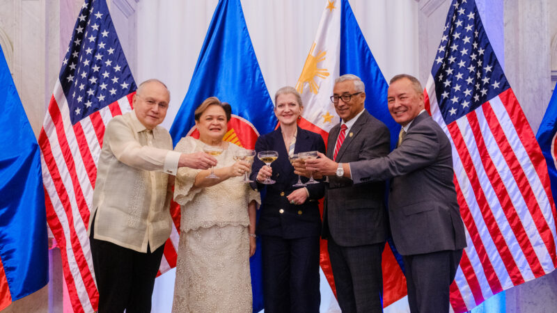 (L-R) Philippine Ambassador to the U.S. Jose Manuel Romualdez, Secretary of Foreign Affairs Ma. Theresa Lazaro, Under Secretary of State for Policy Allison Hooker, Congressman Robert &ldquo;Bobby&rdquo; Scott, and Congressman James Moylan raise a toast during the Embassy&rsquo;s diplomatic reception to commemorate the 128th Philippine Independence Day and 80th Anniversary of Philippines-U.S. Diplomatic Relations.
