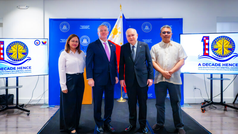 (L-R) Prof. Charmaine Misalucha-Willoughby, Associate Professor at Department of International Studies of the De La Salle University, Assistant Secretary of State for East Asian and Pacific Affairs Michael George DeSombre, Philippine Ambassador to the U.S. Jose Manuel Romualdez, and Dr. Jay Batongbacal, Director of the UP Institute for Marine and Law of the Sea at the reception for the Arbitral Award&rsquo;s 10th anniversary hosted by the Embassy.