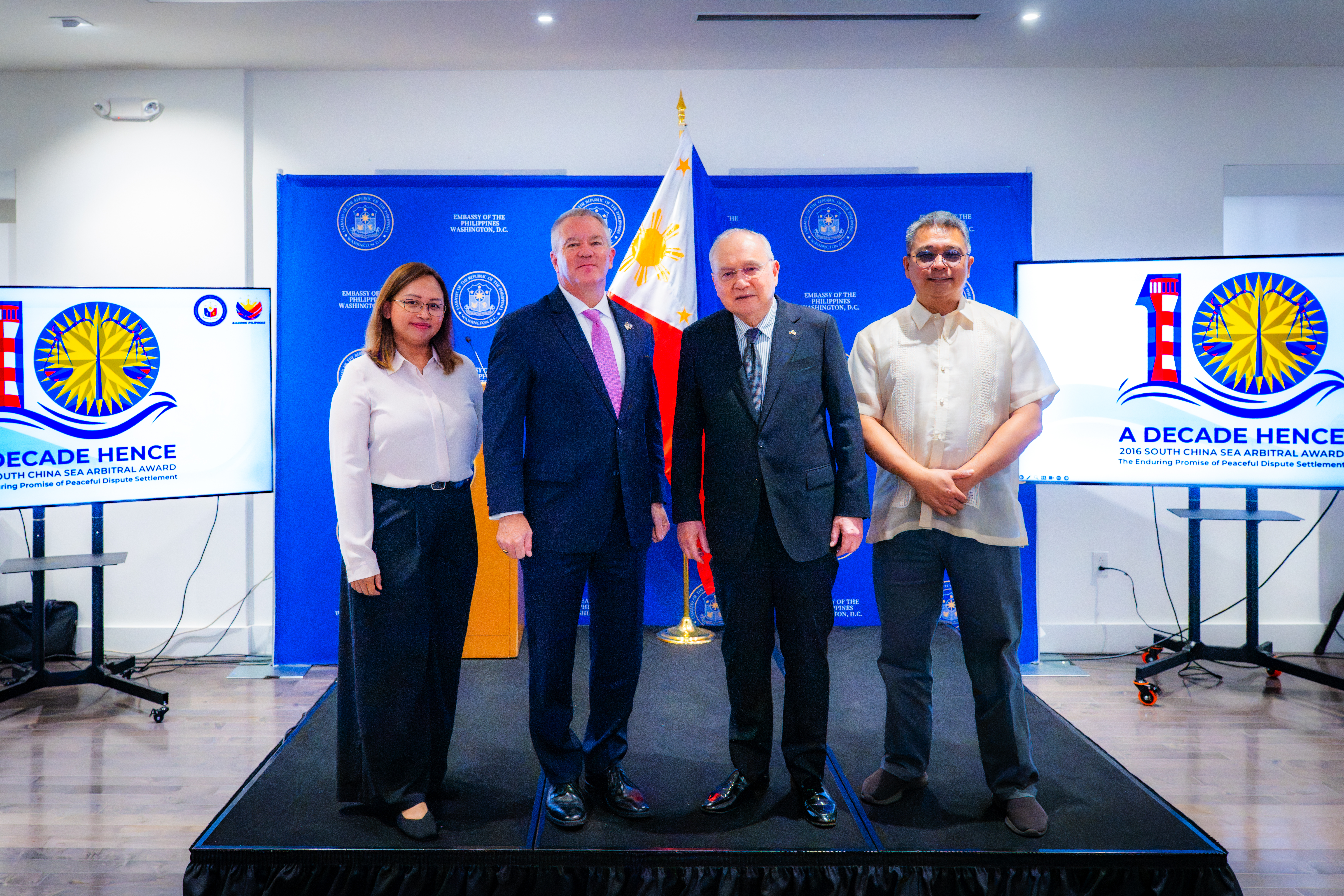 (L-R) Prof. Charmaine Misalucha-Willoughby, Associate Professor at Department of International Studies of the De La Salle University, Assistant Secretary of State for East Asian and Pacific Affairs Michael George DeSombre, Philippine Ambassador to the U.S. Jose Manuel Romualdez, and Dr. Jay Batongbacal, Director of the UP Institute for Marine and Law of the Sea at the reception for the Arbitral Award&rsquo;s 10th anniversary hosted by the Embassy.