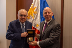 Following the US Marine Corps Sunset Parade that highlighted PH-US relations last 23 June 2026, Mr. James Balocki (right), Executive Director, Marine Corps Installations Command, visited the Philippine Embassy and met with Philippine Ambassador Jose Manuel Romualdez (right) on 14 July 2026. During the meeting, Mr. Balocki presented Ambassador Romualdez with a U.S. Marine Corps Medallion, symbolizing the close and longstanding ties between the Philippine and U.S. defense establishments, as well as the shared commitment of both countries to strengthening cooperation and friendship.