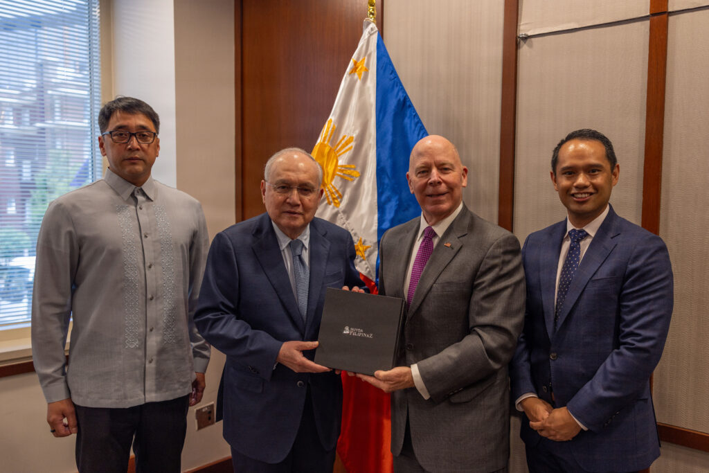 (L-R) Capt. James Francis P. Lugtu, Philippine Naval Attache; Ambassador Jose Manuel Romualdez; Mr. James Balocki, Executive Director, Marine Corps Installations Command; and Ruben Cajarty, Staff Secretary of the Marine Corps Installations Command, pose for a photo at the Embassy of the Republic of the Philippines in Washington, D.C., July 14, 2026. (U.S. Marine Corps photo by Lance Cpl. Matthew A. McDonnell)