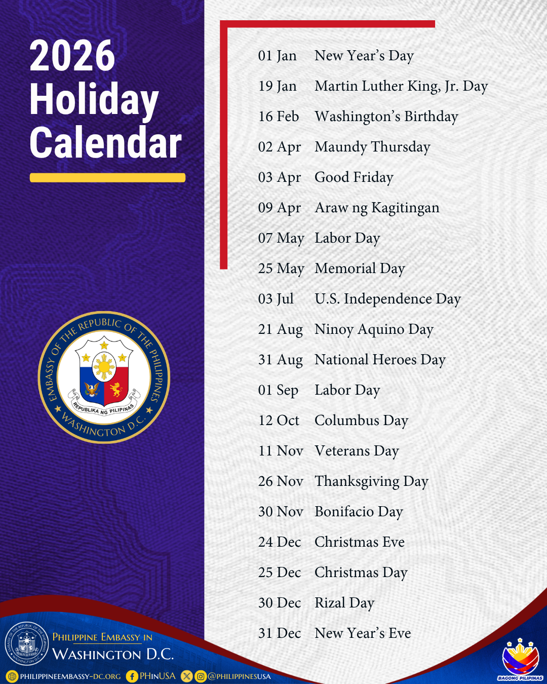 HOLIDAY ADVISORIES 2026