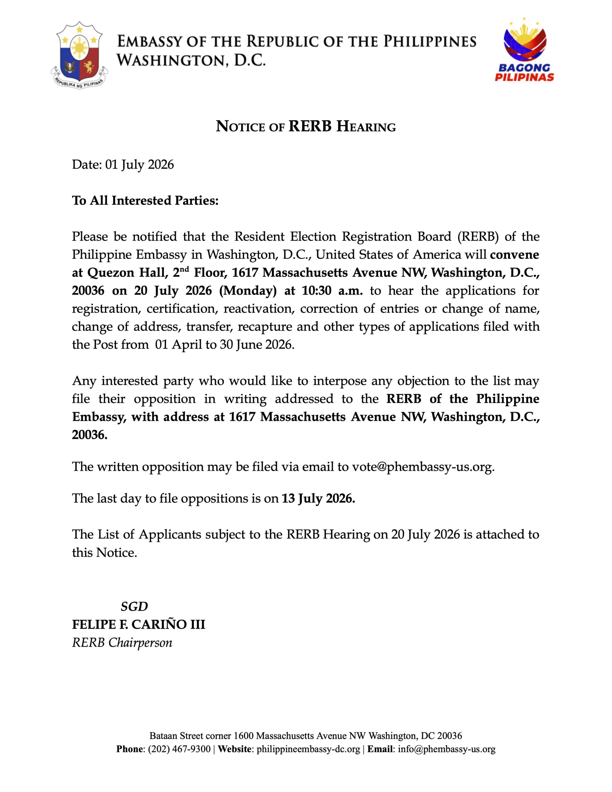 Read more about the article NOTICE OF RERB HEARING – 20 JULY 2026
