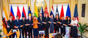 ASEAN Heads of Missions with the Deputy Assistant Secretary of State for East Asian and Pacific Affairs Hunt VanderToll (6th from left) do the ASEAN handshake during the 2026 ASEAN Day celebration. This year’s event was hosted by Cambodian Ambassador to the U.S. Koy Kuong (5th from left) and attended by Ambassador Jose Manuel G. Romualdez (4th from left).