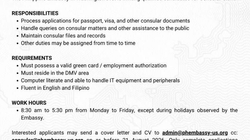 JOB VACANCY &ndash; CONSULAR CLERK