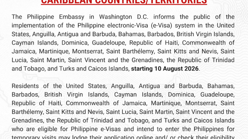 IMPLEMENTATION OF THE PHILIPPINE E-VISA SYSTEM IN THE UNITED STATES AND OTHER CARIBBEAN COUNTRIES/TERRITORIES