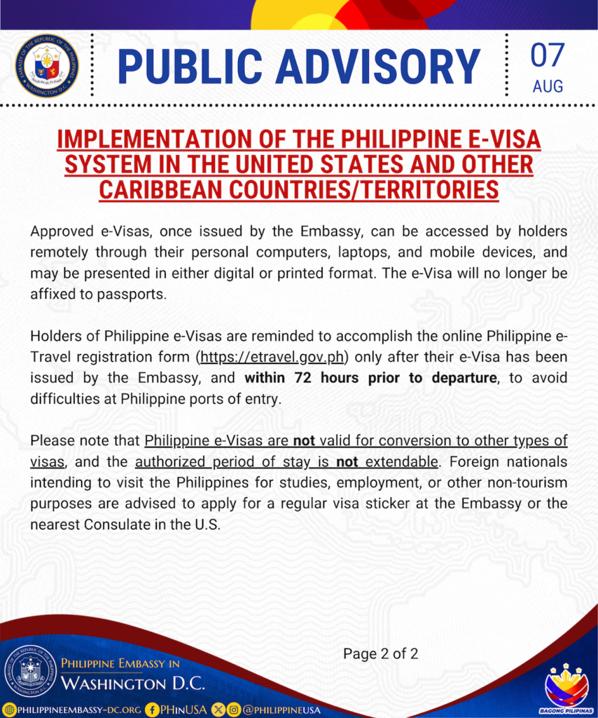 IMPLEMENTATION OF THE PHILIPPINE E-VISA SYSTEM IN THE UNITED STATES AND OTHER CARIBBEAN COUNTRIES/TERRITORIES