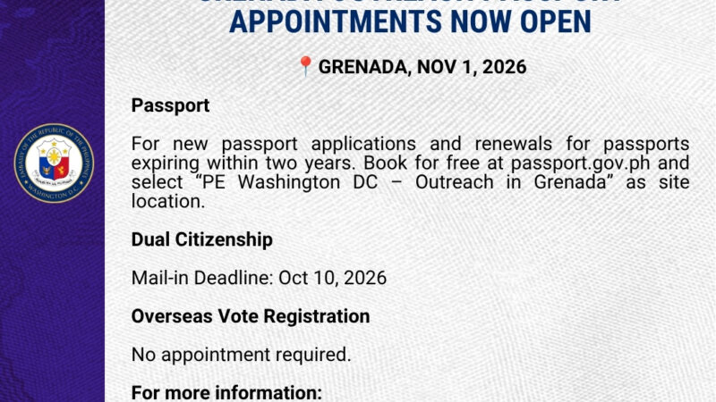 GRENADA OUTREACH PASSPORT APPOINTMENTS NOW OPEN