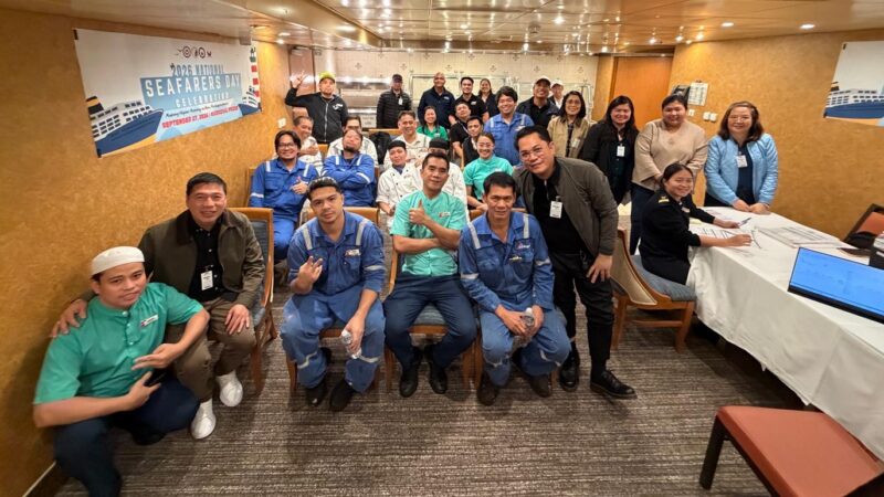 Representatives from the Philippine Embassy in Washington, DC, MWO-OWWA, Carnival Cruise Lines and Filipino crew members gather aboard the Carnival Pride in Baltimore, Maryland, to celebrate National Seafarers&rsquo; Day on September 27, 2026.