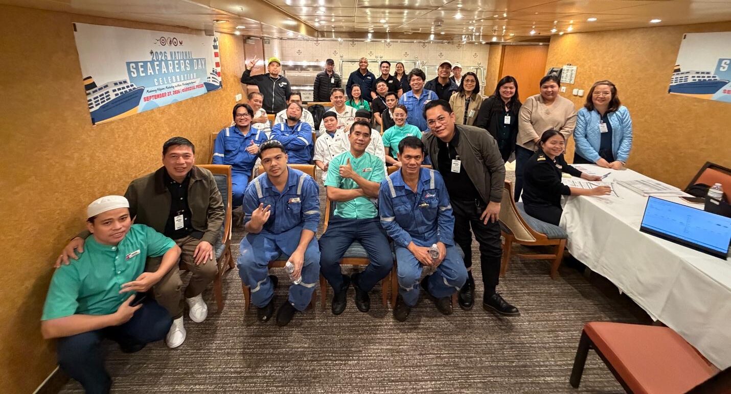 Representatives from the Philippine Embassy in Washington, DC, MWO-OWWA, Carnival Cruise Lines and Filipino crew members gather aboard the Carnival Pride in Baltimore, Maryland, to celebrate National Seafarers&rsquo; Day on September 27, 2026.