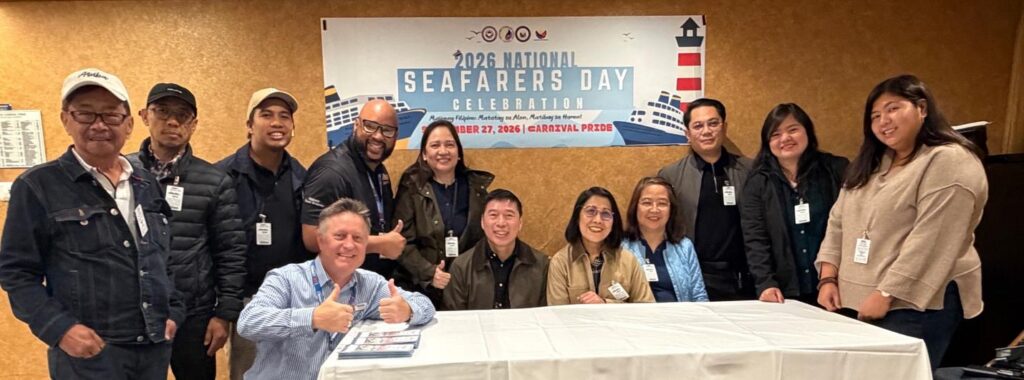 Representatives from the Philippine Embassy in Washington, DC, MWO-OWWA, Carnival Cruise Lines and Filipino crew members gather aboard the Carnival Pride in Baltimore, Maryland, to celebrate National Seafarers’ Day on September 27, 2026.
