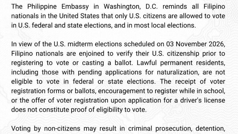 REMINDER TO FILIPINOS IN THE UNITED STATES ON VOTING IN U.S. ELECTIONS