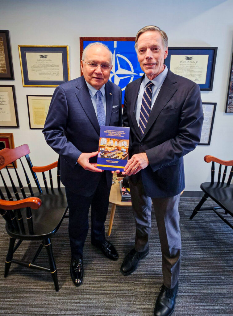 Amb. Romualdez presents Amb. Burns with a copy of the book on the South China Sea Arbitration, highlighting the Philippines&rsquo; commitment to upholding the rules-based international order and the importance of international law in addressing maritime disputes.