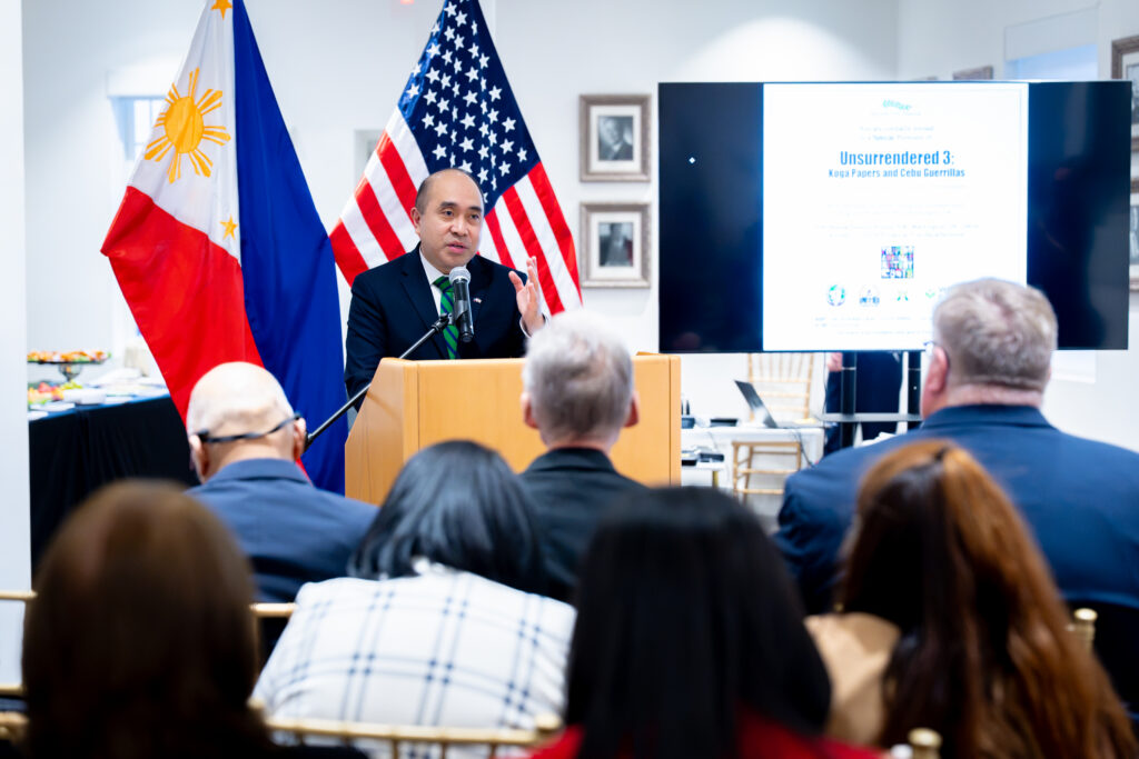 Deputy Chief of Mission Felipe F. Cari&ntilde;o III welcomes guests to the film screening, emphasizing the importance of preserving the stories of Filipino World War II heroes and reflecting on the shared history and enduring friendship between the Philippines and the United States.