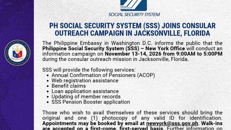 PH SOCIAL SECURITY SYSTEM (SSS) JOINS CONSULAR OUTREACH CAMPAIGN IN JACKSONVILLE, FLORIDA