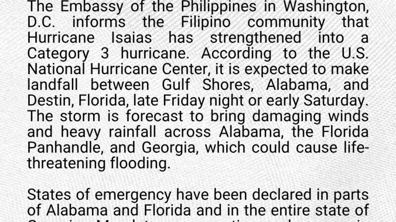 HURRICANE ISAIAS EXPECTED TO BRING DAMAGING WINDS AND HEAVY RAINFALL TO ALABAMA, FLORIDA, AND GEORGIA