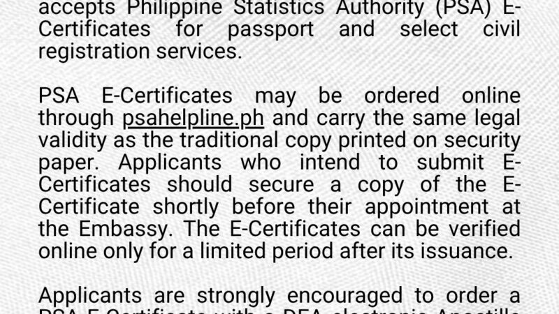 ACCEPTANCE OF PSA E-CERTIFICATES FOR CONSULAR SERVICES