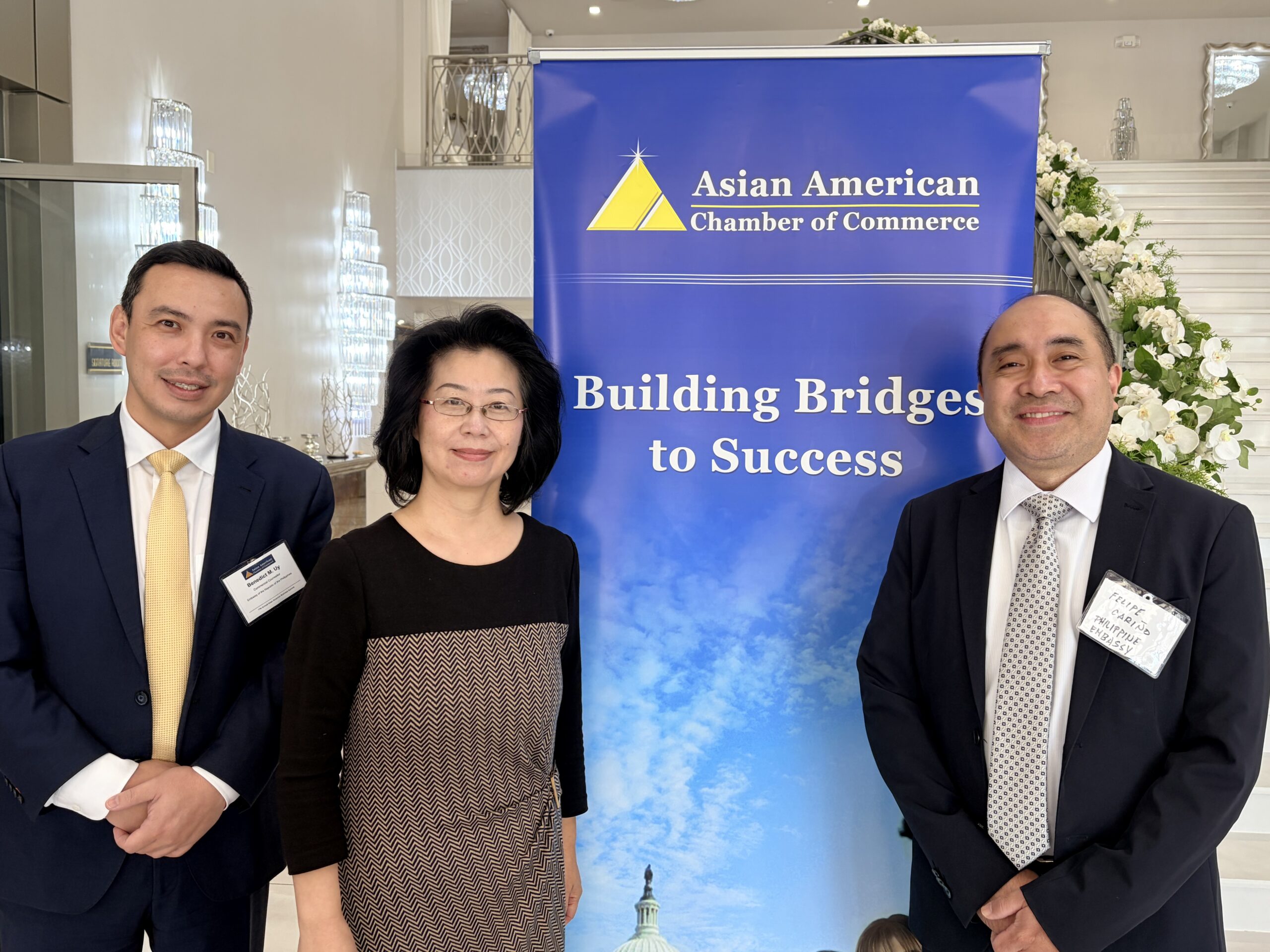 From right: Deputy Chief of Mission Felipe Cari&ntilde;o, Asian American Chamber of Commerce Founder and President/CEO Dr. Cindy Shao, and Commercial Counsellor Benedict M. Uy at the 17th Annual Asian American Business Summit in Fairfax, Virginia.