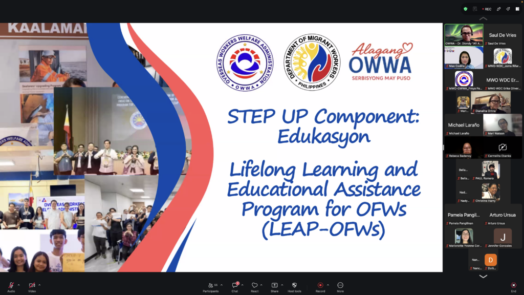 Dr. Diondy Palagtiw, Officer-in-Charge of the Planning and Program Development Division of the OWWA Central Office, presented the Lifelong Learning Education Assistance for OFWs (LEAP), an initiative creating pathways for OFWs to convert their overseas work experience into recognized college degrees through CHED&rsquo;s ETEEAP.