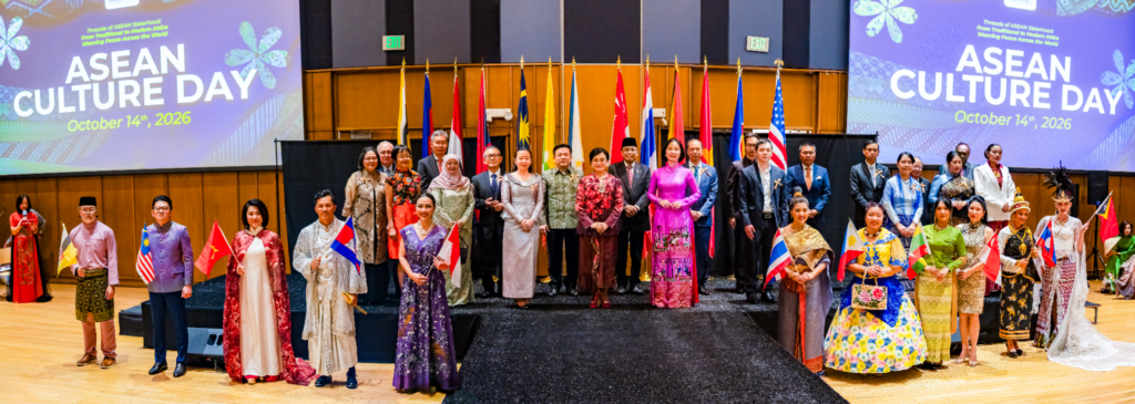 ASEAN Heads of Mission and representatives in Washington, D.C., together with their spouses and participating models from ASEAN member countries, gather for a group photo during ASEAN Culture Day 2026, celebrating the region’s rich cultural heritage, traditional attire, and shared spirit of friendship and unity.